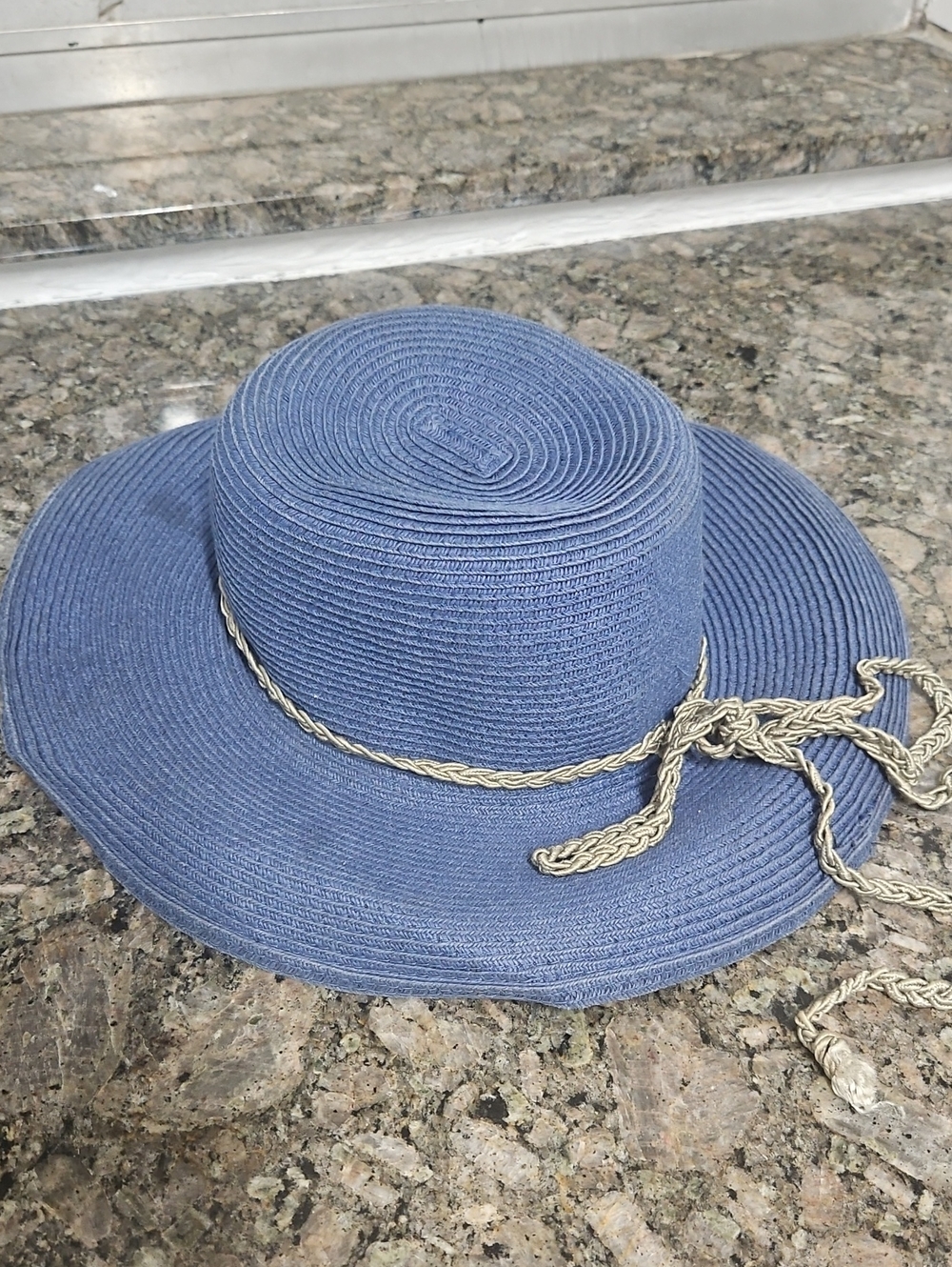 Blue Wide-Brim Sun Hat with Decorative Braid